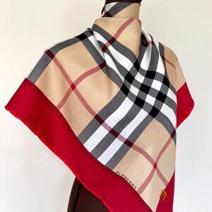 NWT Burberry Scarf Logo Iconic Beige Check Red Border Silk Wrap